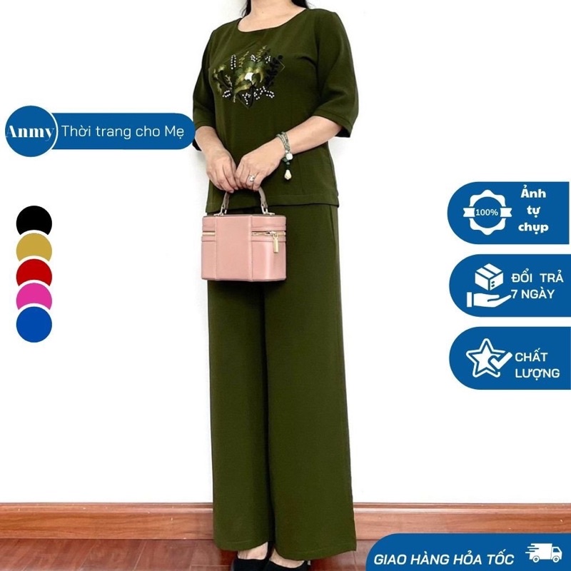 Đồ bộ trung niên nữ Chất đũi cao cấp, Bộ đồ cho mẹ họa tiết thêu hoa ngực, tay lỡ, Form xuông dành cho quý bà