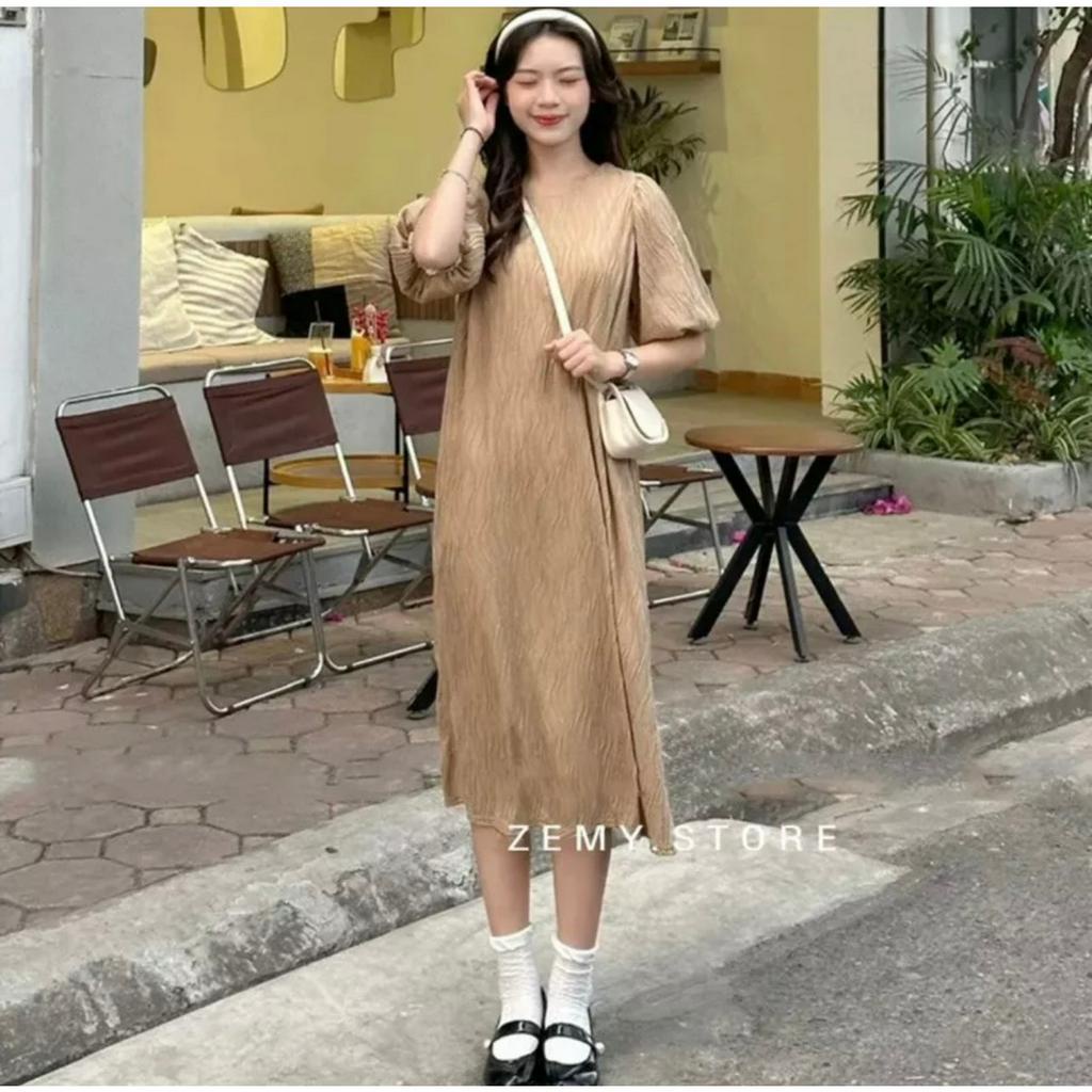 Váy suông nữ váy xuông nữ (free size &lt;60kg) vân sóng tay bồng 2 lớp dáng babydoll dài PANOSI - V740