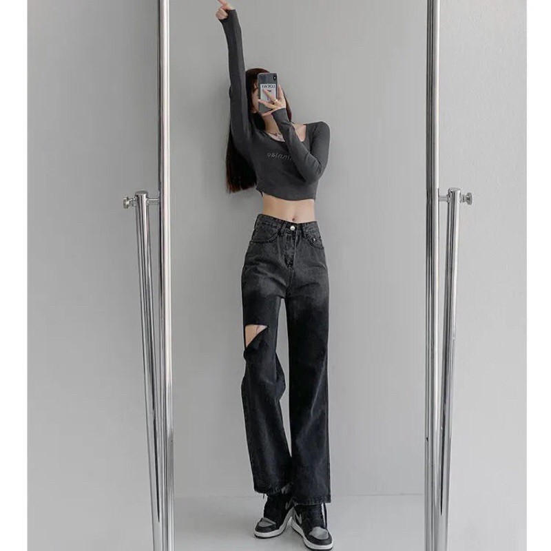 Quần jeans đen loang rách