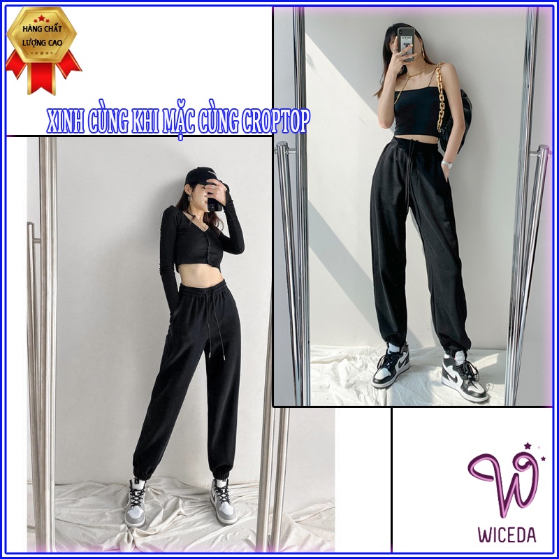 Quần jogger nữ dài cạp cao đẹp bo gấu cạp chun dây rút chất nỉ cotton 3 màu  đen ghi xám Wiceda 240