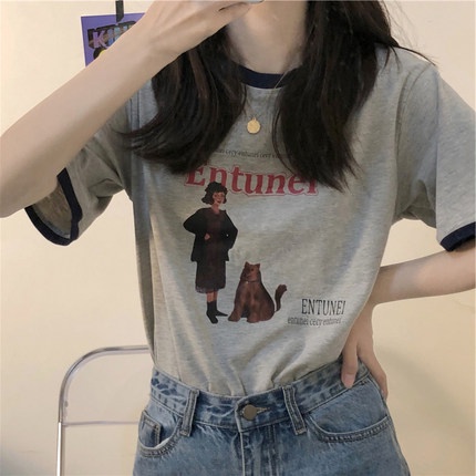 Áo thun SUXI tay ngắn cổ tròn dáng rộng họa tiết chữ thời trang mùa hè dành cho nữ