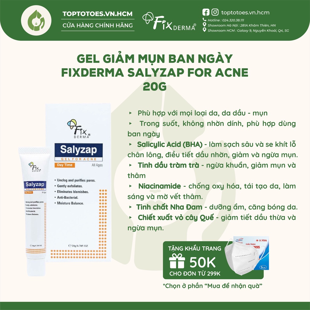 Gel giảm mụn ban ngày Fixderma Salyzap For Acne - 20g [NHẬP KHẨU CHÍNH HÃNG 100%]