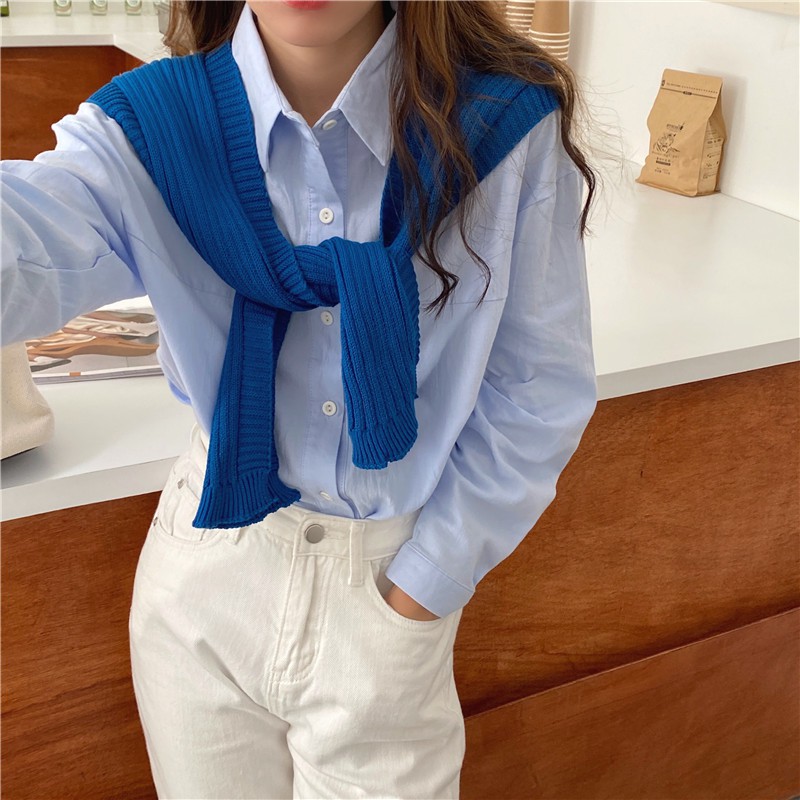 Bộ Áo Sơ Mi Dài Tay Dáng Rộng + Khăn Choàng Kẻ Sọc 37643