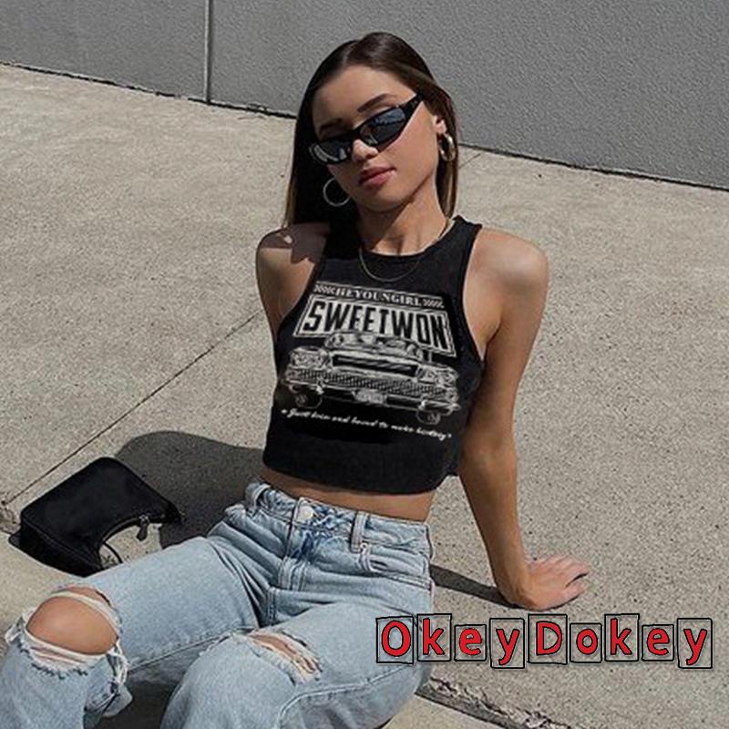 Áo Thun Sát Nách Cổ Tròn In Chữ Và Hình Xe Hơi Thời Trang Quyến Rũ Cho Nữ