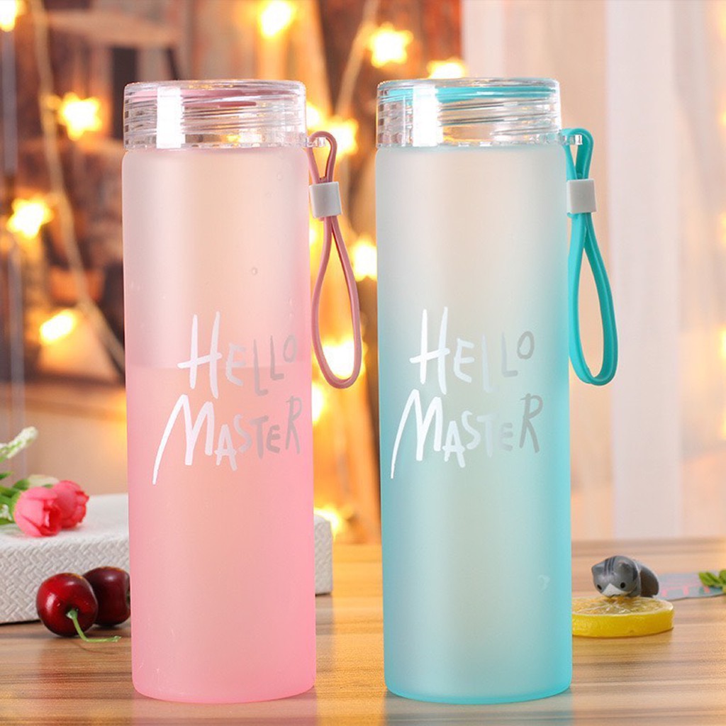 Bình nước thủy tính FREE SHIP  Bình nước thủy tinh Hello master nhiều màu xinh xắn, dung tích 420ml