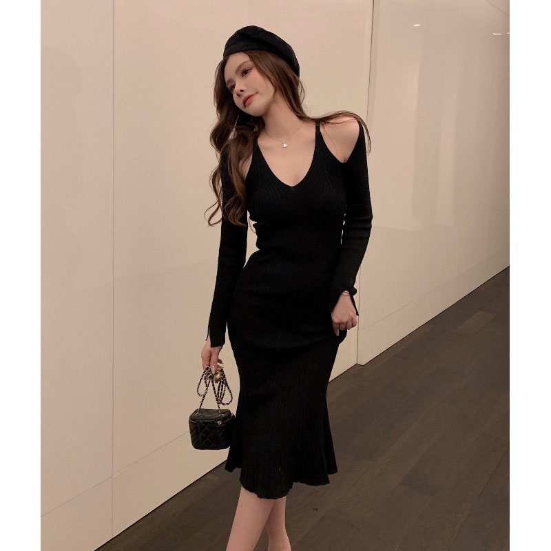 Đầm body len khoét vai đuôi cá