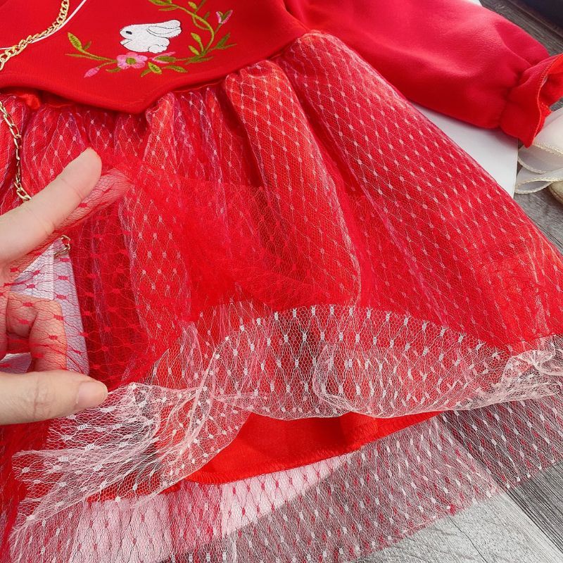 [Xả hàng] Áo dài cách tân mặc Tết cho bé gái, váy đỏ nỉ bông mặc Tết đám cưới sinh nhật cho bé, váy sườn xám