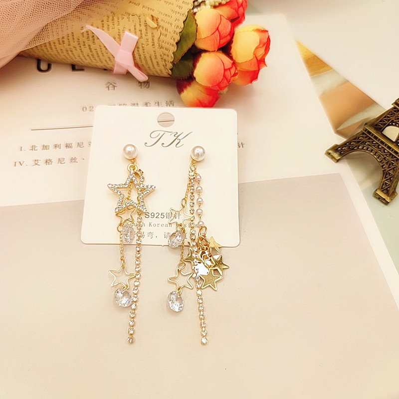 Khuyên Tai Tua Rua Dài Hình Ngôi Sao Năm Cánh Đính Ngọc Trai Sang Trọng Thời Trang Hàn Quốc