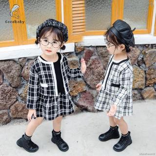 Set áo khoác dài tay cổ bẻ + chân váy xếp ly đáng yêu cho bé gái