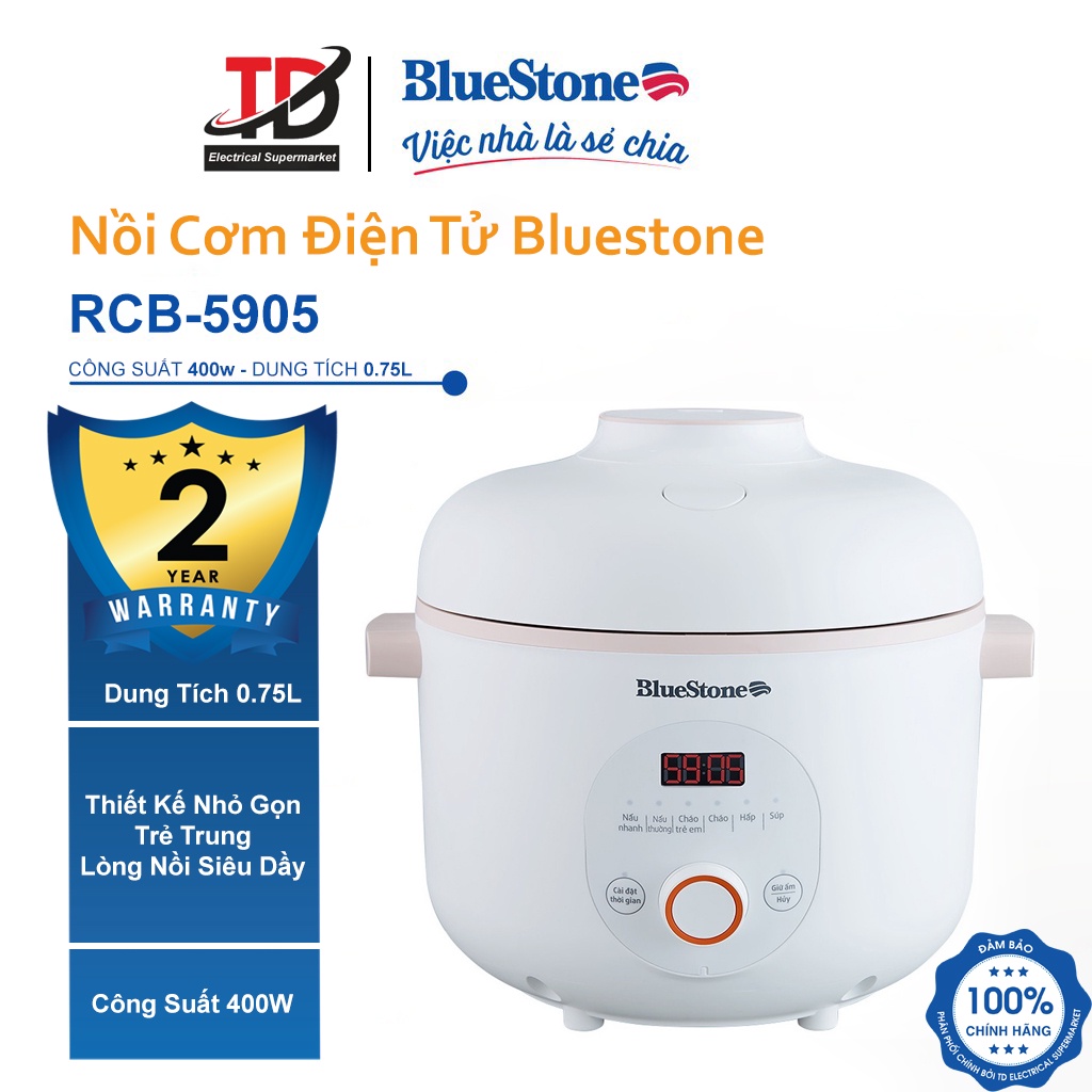 [Mã ELHAMS5 giảm 6% đơn 300K] Nồi Cơm Điện Tử Mini Bluestone 5905 , Dung Tích 0.75L , Bảo Hành Chính Hãng 2 Năm