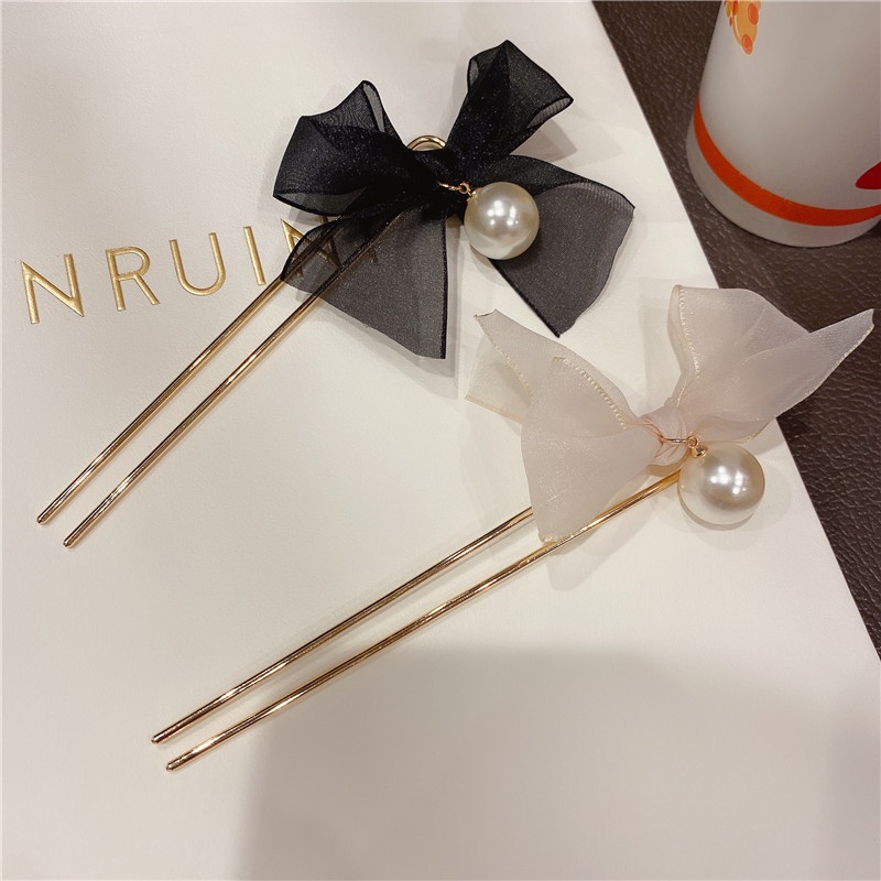 Trâm cài tóc hình chữ U kiểu nơ tua rua vải phong cách tiểu thư Hàn Quốc