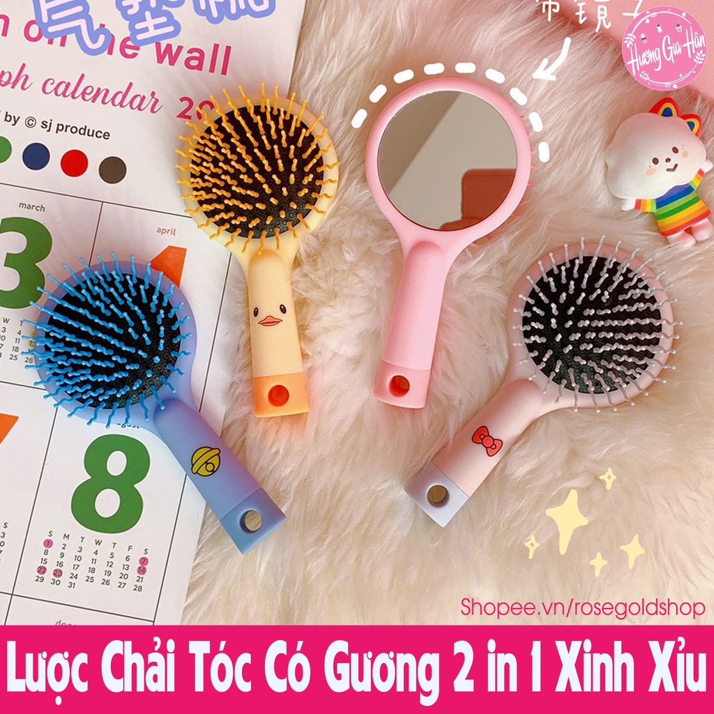 Lược Chải Tóc Massage Đầu Kèm Gương 2 in 1 Hoạt Hình Nhiều Mầu Xinh Xắn Cho Bạn Gái