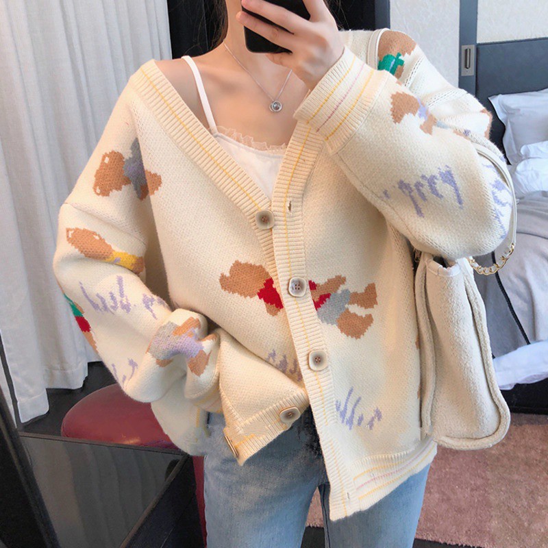 Áo Khoác Cardigan Dệt Kim Cổ Chữ V Dáng Rộng Phong Cách Hàn Quốc Dành Cho Nữ