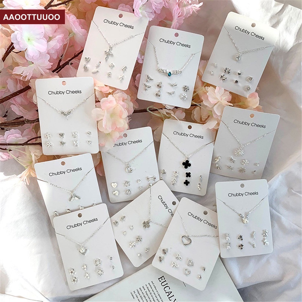 Bộ Vòng cổ + Bông Tai Hình Hoa + Thẻ Bài + Nơ Thời Trang Hàn Quốc