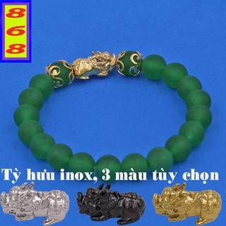 Chuỗi tay đá Xanh Lá Mờ 8 ly 4 khía Mix Tỳ Hưu inox - Hợp mệnh Mộc, mệnh Hỏa - Phong thủy 868