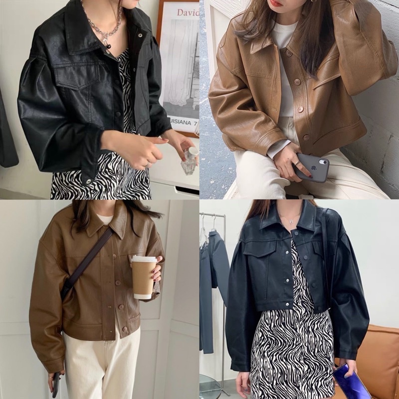 ( HÀNG LOẠI 1 ) ÁO KHOÁC DA CROPTOP MÀU ĐEN NÂU NỮ JACKET FORM CHUẨN
