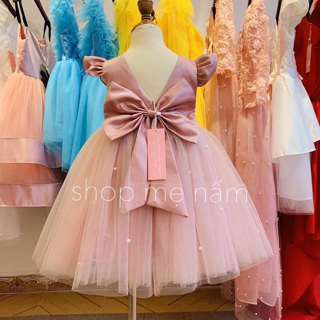 Đầm bé gái dáng xòe nơ lưng phi lụa mix ren mềm đính ngọc - Shop Mẹ Nấm