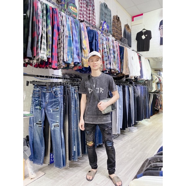 Quần bò nam Amiri rách vá gối siêu chất 7805, jean bò rách gối vá màu vá da sịn S.C