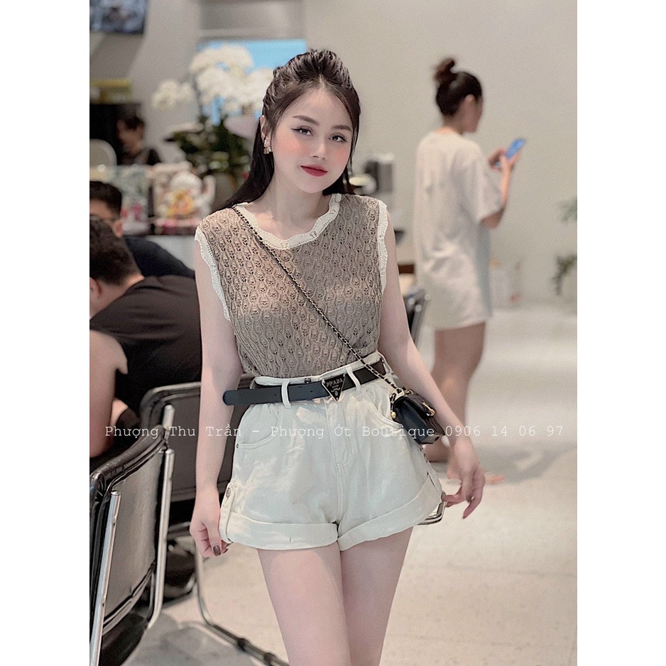 Áo Montoghi Đan Thỏ Sát Nách - Viền Bèo Sóng Xinh Xắn