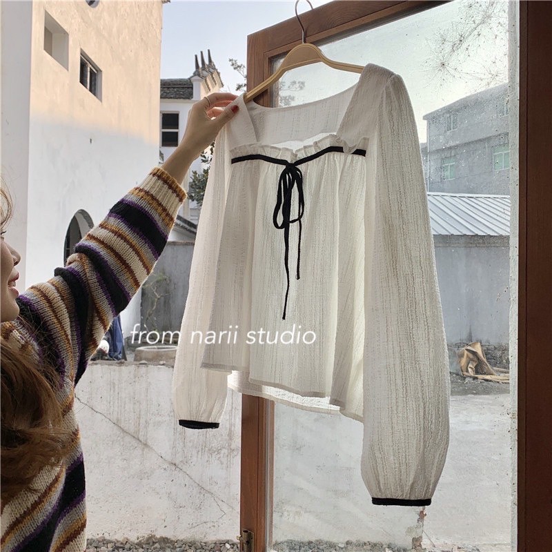 Áo sơ mi nữ tay dài NARII áo babydoll trắng Ulzzang Hàn nơ bèo viền | BigBuy360 - bigbuy360.vn