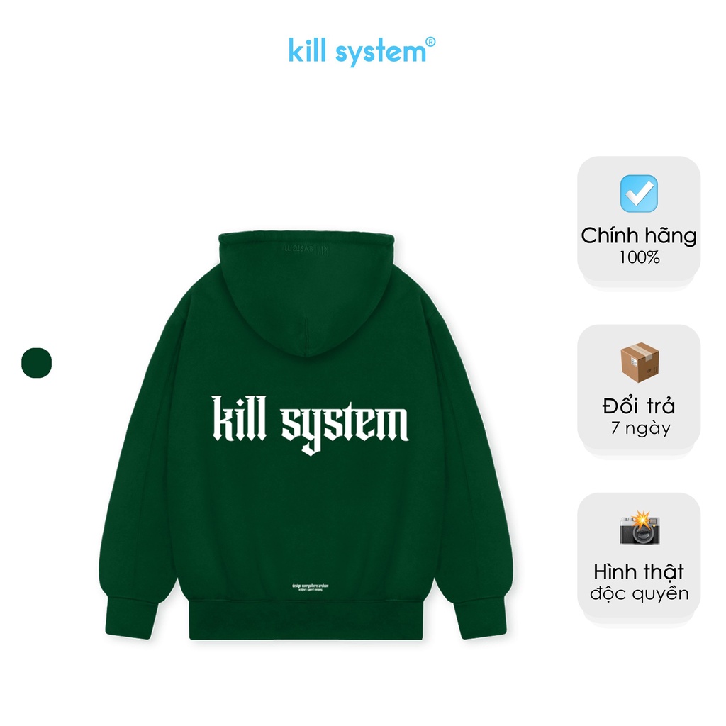Áo khoác hoodie zip Visualizer màu rêu Kill System oversize có nón nam nữ, vải chân cua phong cách unisex