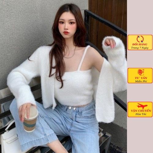 Set áo cardigan len nữ lông thỏ kèm áo 2 dây ulzzang Hàn Quốc mùa thu đông