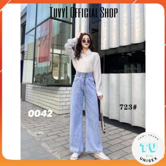 Quần bò nữ TUVYSHOP Quần Jeans Ống Rộng 3 Cúc Cạp Cao hack dáng đanh mịn không phai màu xanh 3 size S M L