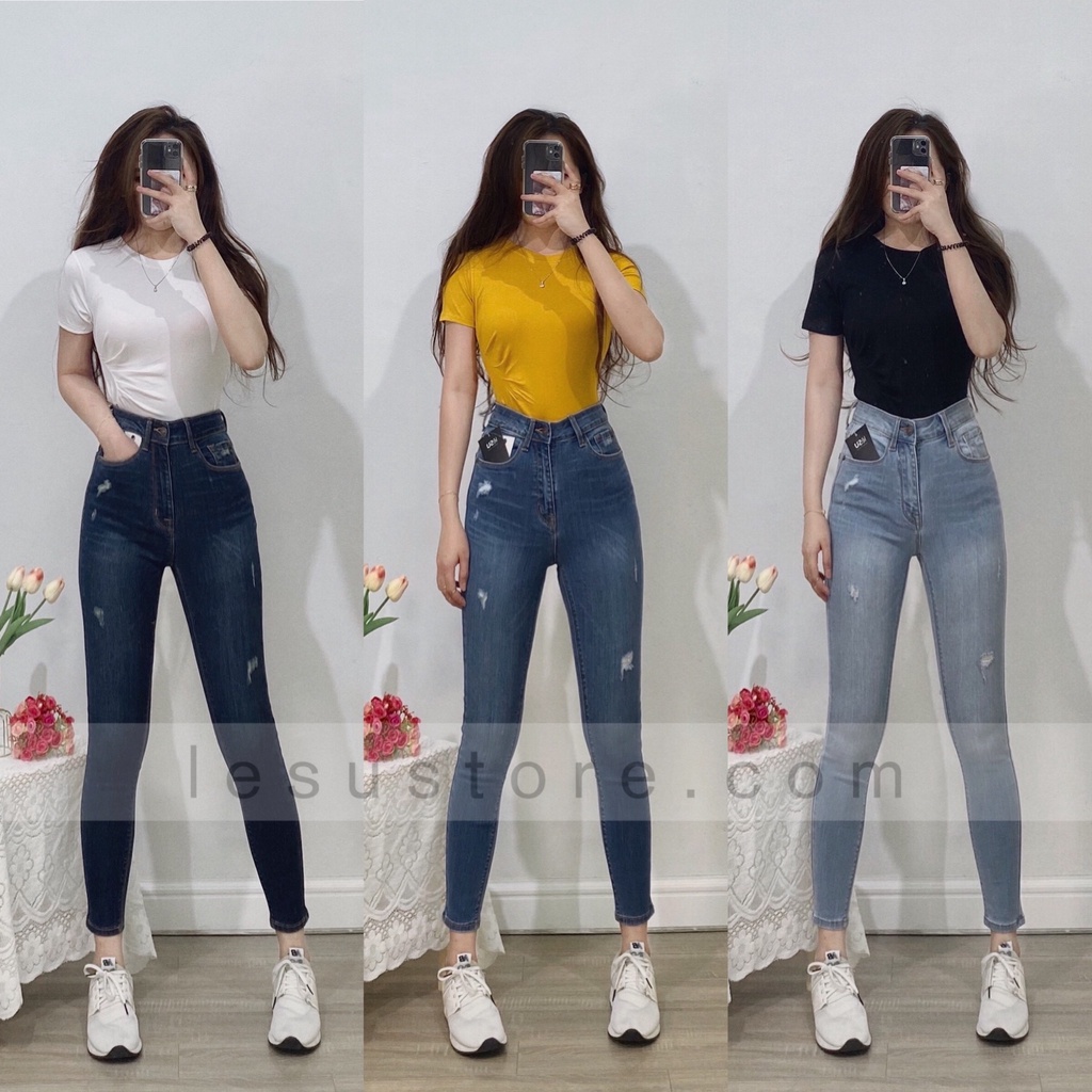 ẢNH TỰ CHỤP Quần jeans ôm rách xước dài 88cm