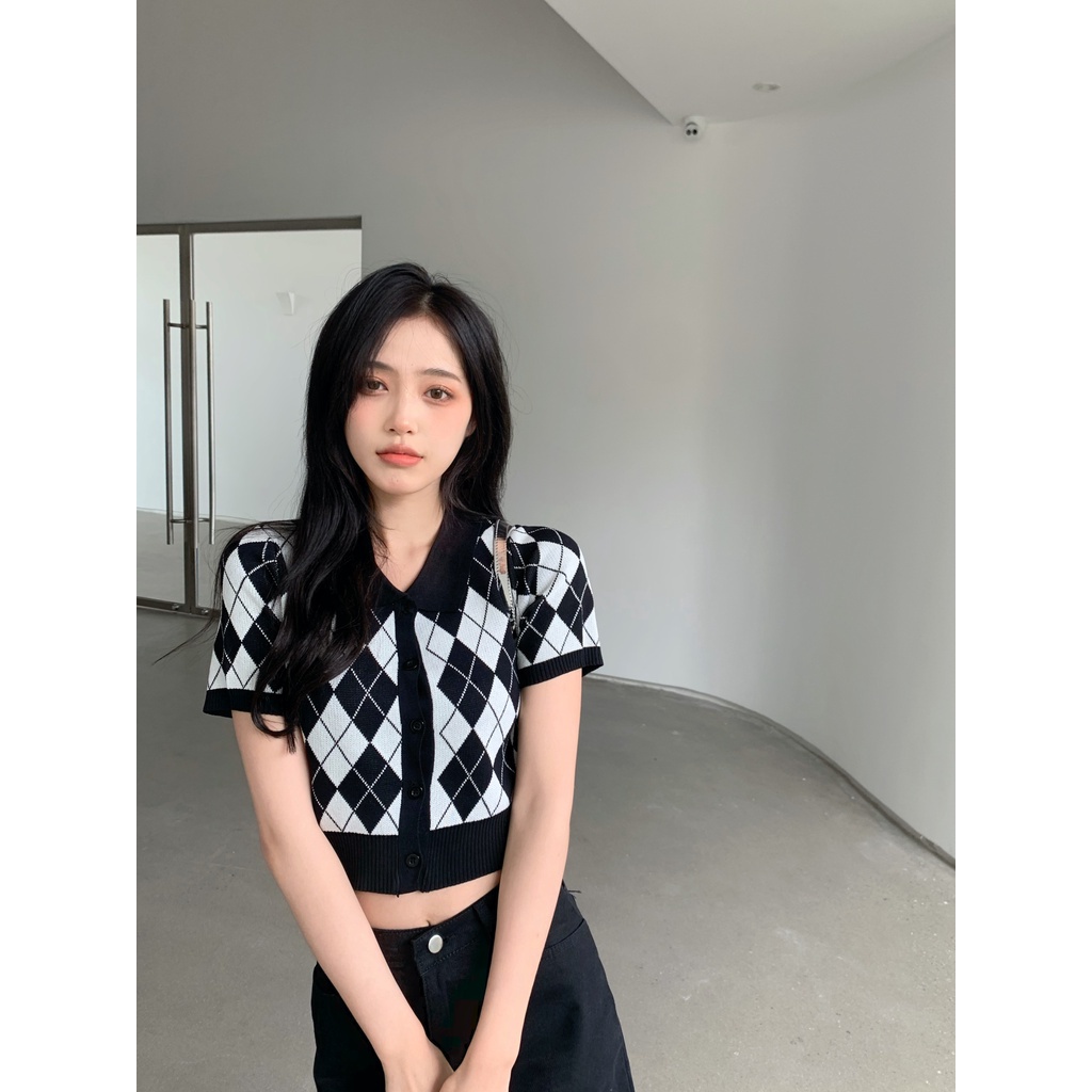 SUXI Áo cardigan dệt kim tay ngắn/ tay dài cổ polo ôm dáng kẻ sọc ca rô thời trang mùa hè dành cho nữ