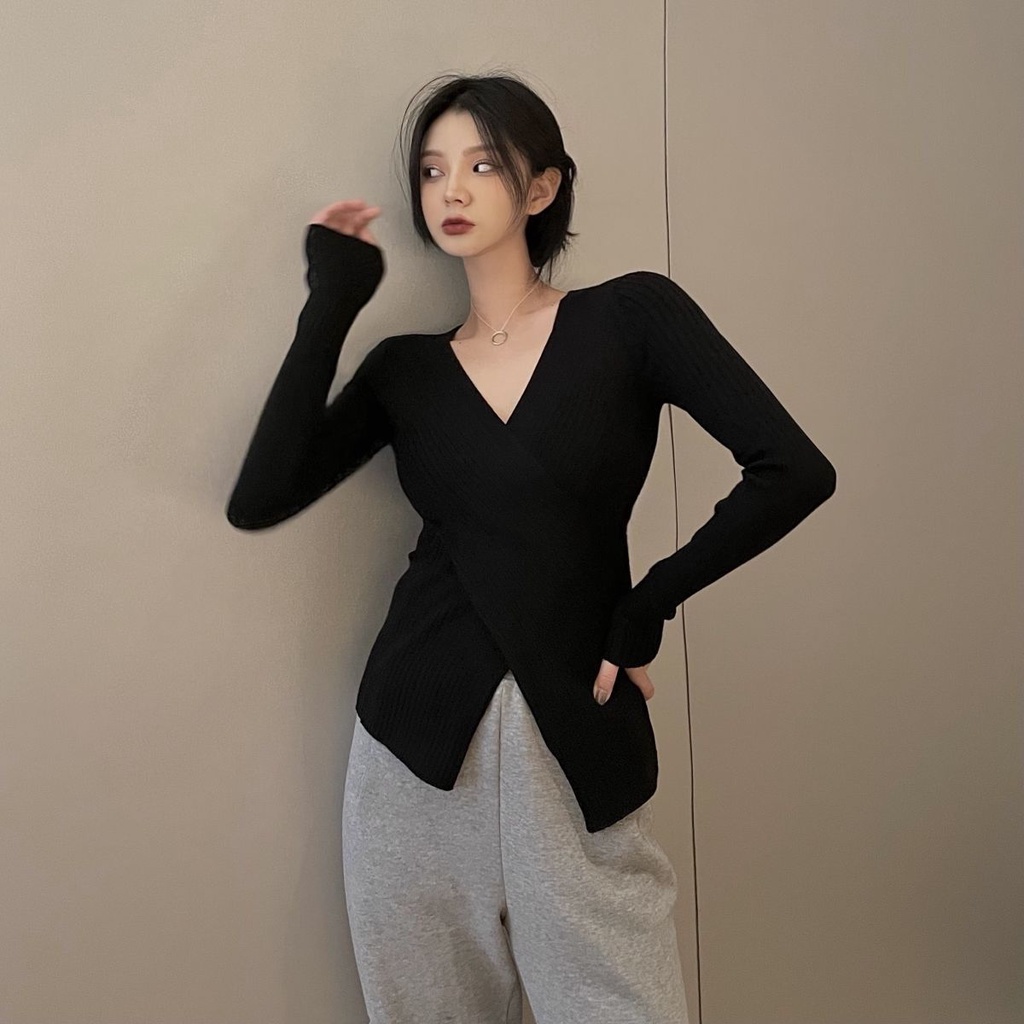 Áo len ZHELIHANGFEI kiểu Hàn Quốc trễ vai ulzzang vạt chéo dài tay cho nữ