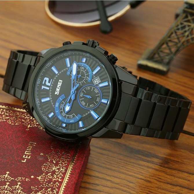 Đồng hồ Nam Skmei 9108 6 kim mặt đen dây thép sang trọng lịch lãm mạnh mẽ