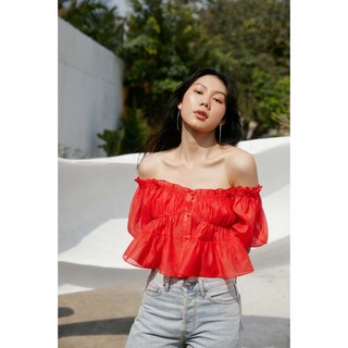 TheBlueTshirt - Áo Kiểu Nữ Tay Phồng Màu Đỏ - Mary Jane Top - Red