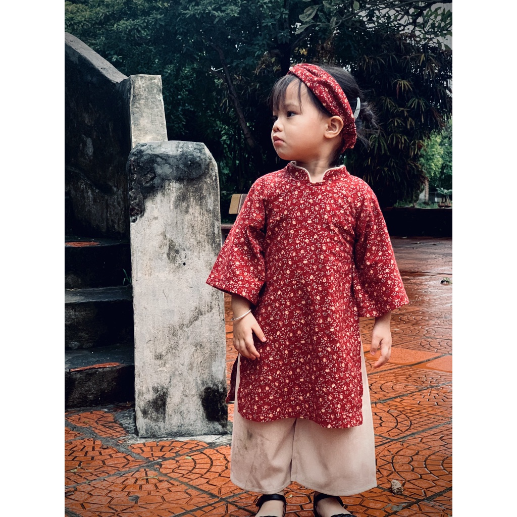 Bộ áo dài vải thô đỏ cà bông cho bé gái tặng kèm turban