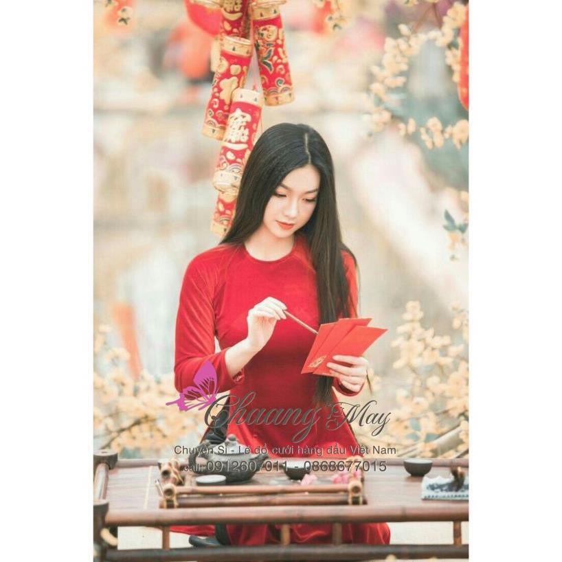 Áo dài nhung cổ tròn_Chaang_May sẵn áo dài đẹp truyền thống, vải đỏ đô tươi cao cấp