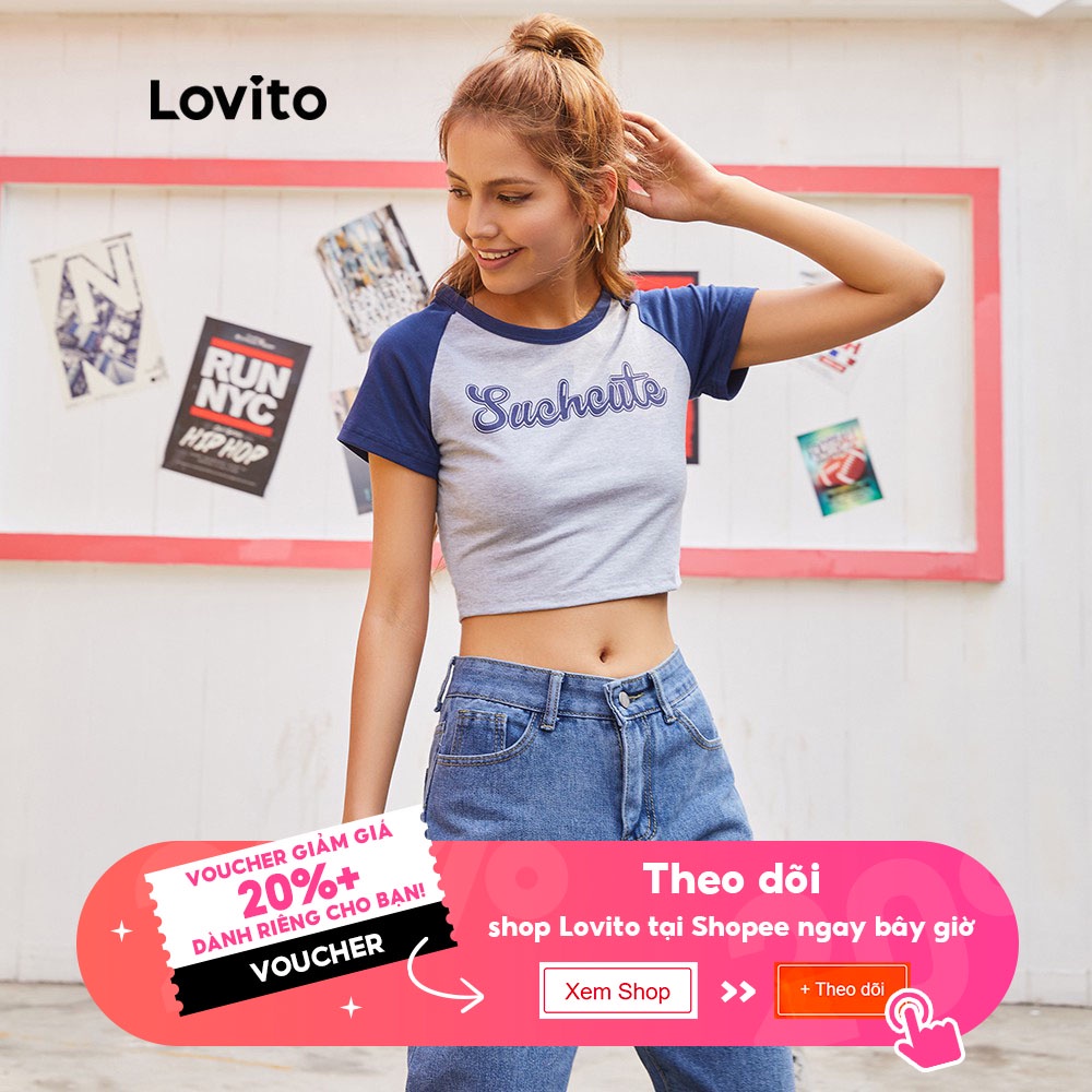 Áo thun croptop Lovito cổ tròn in chữ độc đáo màu xám thời trang đi học L14X095 | BigBuy360 - bigbuy360.vn