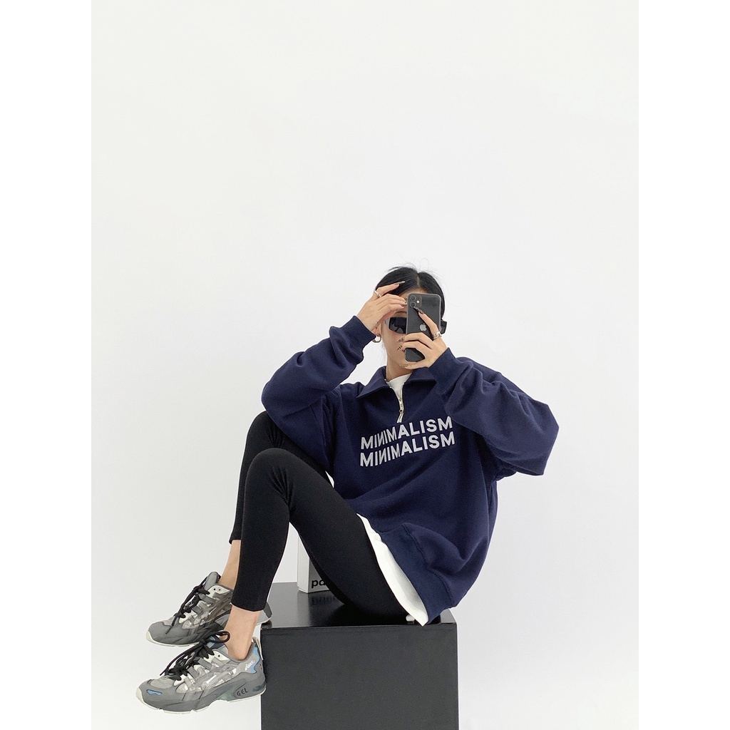 Áo Sweater Zip Nữ MINIMALISM 🦋 Áo Thun Gân Cổ Cao Thêu Chữ Dáng Rộng 🦋