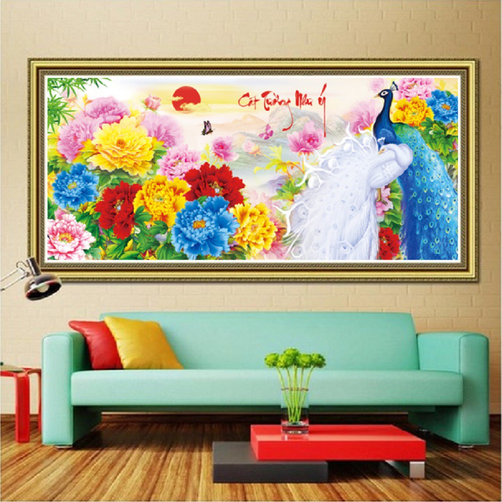 Tranh Đính Đá Chim Công Cát Tường Như Ý KT:104x50cm - 160x75cm
