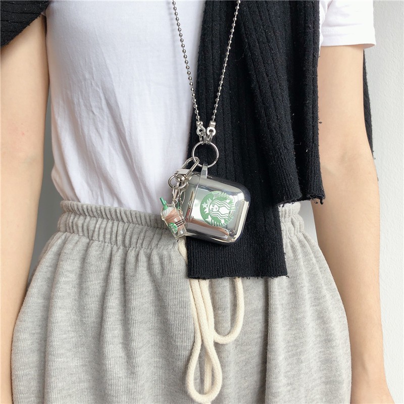 Vỏ bảo vệ hộp sạc tai nghe bằng TPU mạ điện mềm họa tiết Starbucks kèm mặt dây cho AirPods Pro AirPods 1 AirPods 2