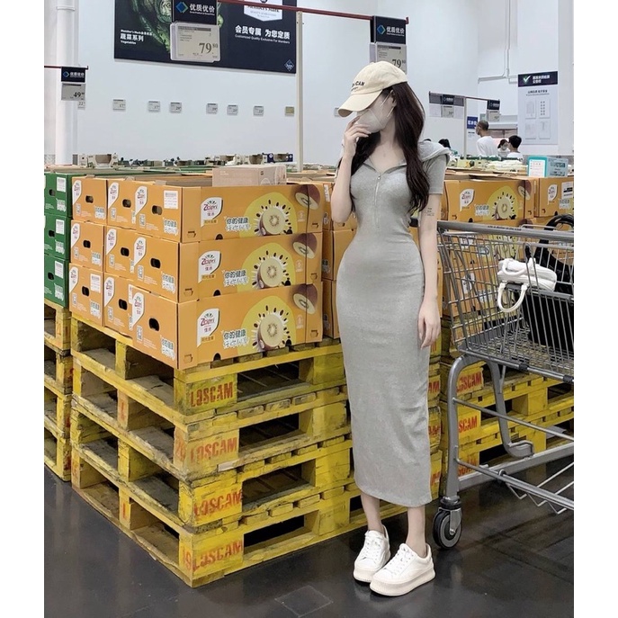 Đầm body zip dáng dài xẻ tà sau có nón - Colory shop
