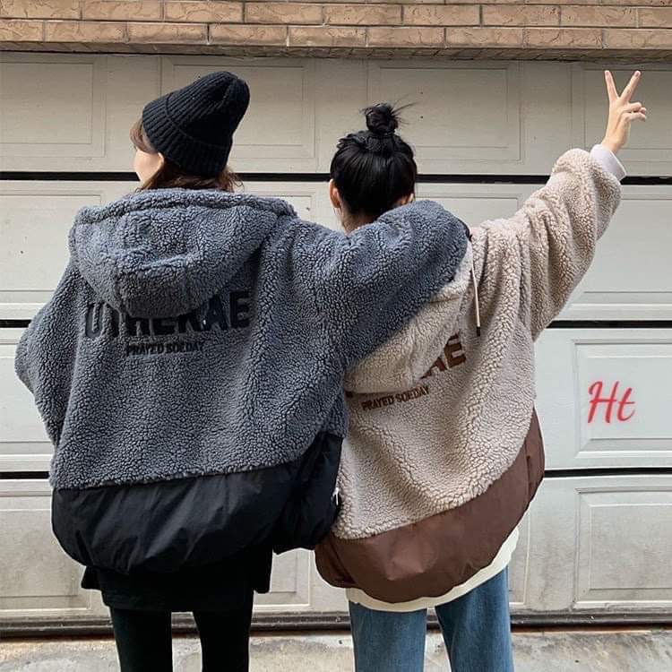 Hàng hot áo lông mũ thêu phối nỉ  Áo lông phối nỉ mũ UTHE 3 màu: be, đen, xám Chất lông mịn phối nỉ