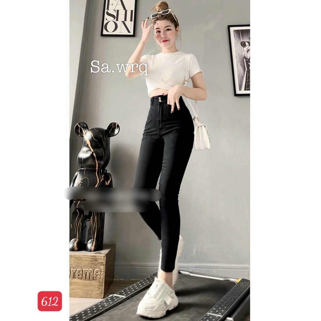 Quần jean nữ lưng cao màu đen đẹp, quần dài ôm dáng nữ nữ chất vải denim co dãn cắt gấu T-FASHION M612