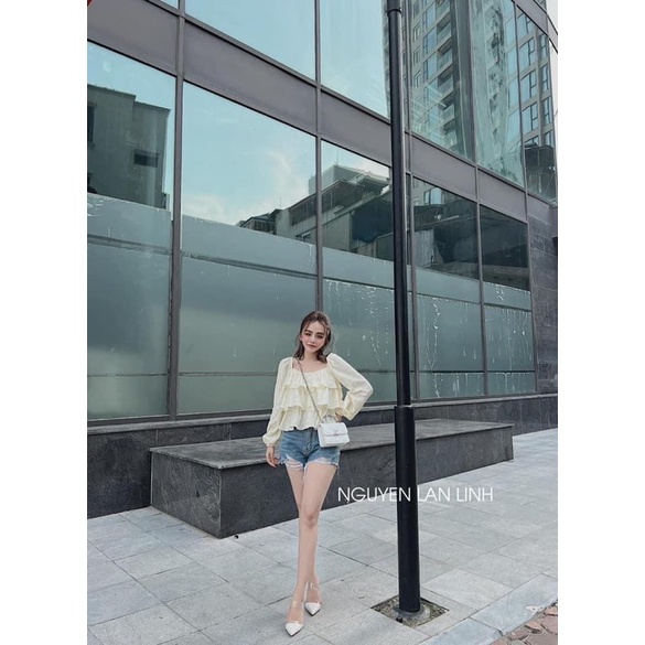 Áo Đũi Cổ Vuông Xếp Bèo Tầng Khuy Ngọc Tiểu Thư Có Ảnh Thật