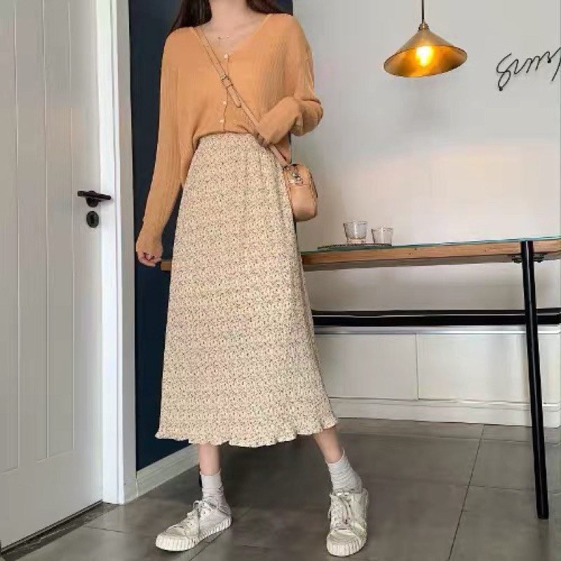 chân váy midi hoa nhí lưng thun vintage | BigBuy360 - bigbuy360.vn