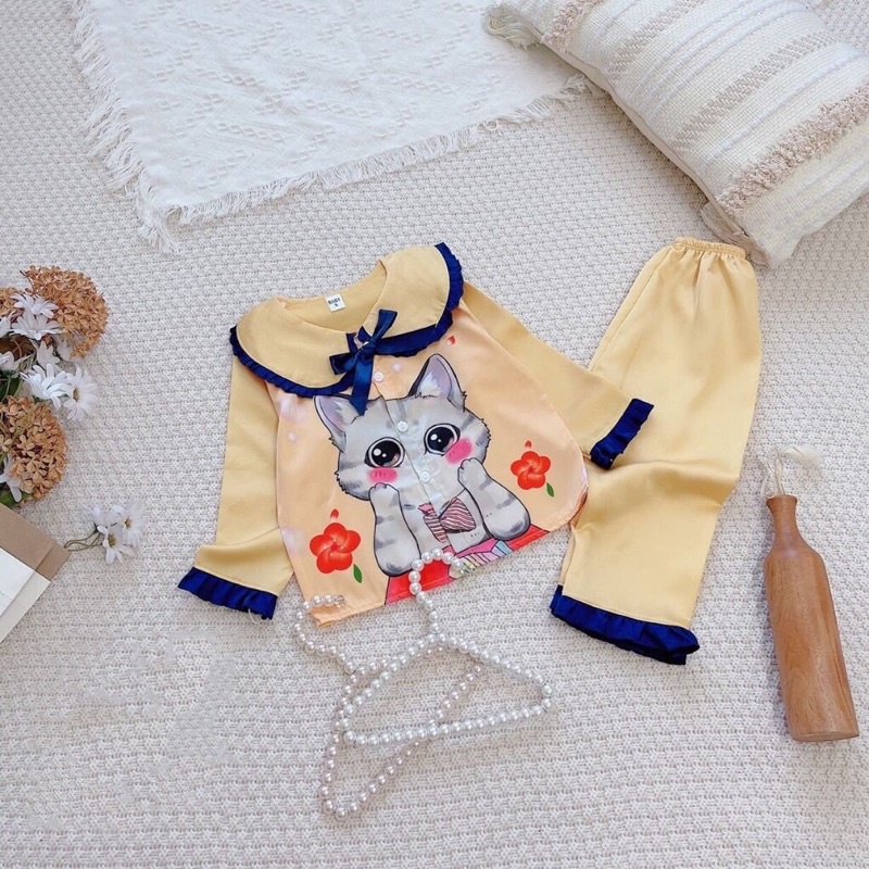 Bộ ngủ pijama lụa dài tay tiểu thư phối viền cho bé gái (9-22kg) - Hirokids