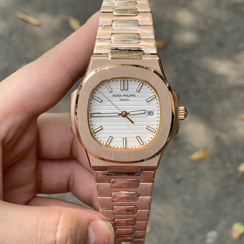 Đồng hồ Nam Ptk vuông 3kim 1 lịch máy nhật chạy cơ Automatic size 40mm vỏ vàng hồng nhiều màu dây kim loại