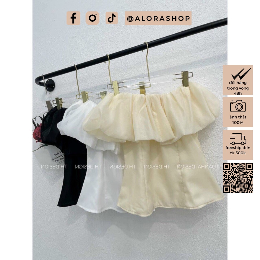 Áo trễ vai nữ chất organza xốp bèo ngực tay bo chun trắng, be thời trang nữ Alora