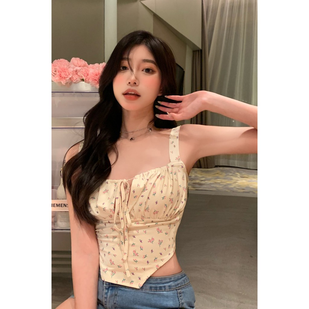 (ORDER) Áo hai dây hoa nhí màu vàng cúp ngực thắt nơ vạt chéo sexy cá tính mùa hè (new_arrivals)