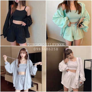 SET ĐỒ HOODIE NỮ TRƠN ULZZANG 3 MÓN ÁO KHOÁC NỈ MŨ + ÁO 2 DÂY + QUẦN SOOC ĐÙI XÁM ĐEN TRẮNG XANH