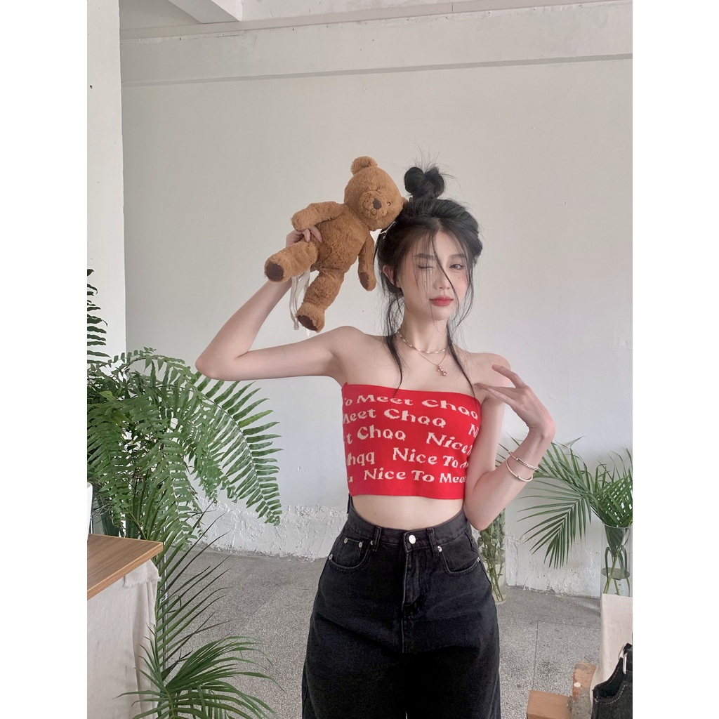 HUANG YOYO Áo croptop 2023 Áo Ống Dệt Kim Không Tay In Chữ Thời Trang Hàn Quốc Quyến Rũ Cho Nữ