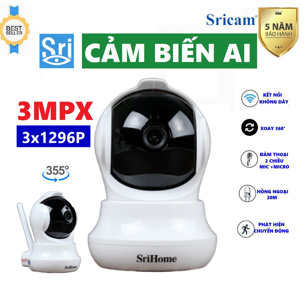 Camera ip wifi Srihome SH020 3.0 Mpx Xoay 360° FULLHD+1296 Pixel - Chính hãng Bảo Hành 5 Năm